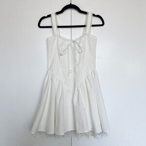 White milkmaid drop waist bustier mini dress lace trim bow | Size S